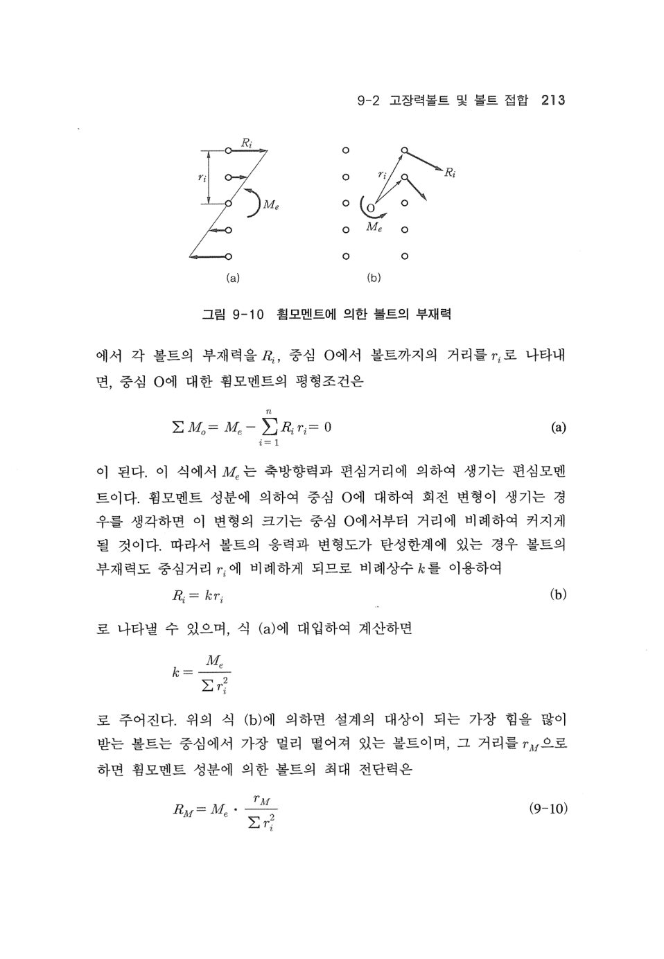 볼트군 모멘트 평형 및 식 (9.10) (PDF p16)